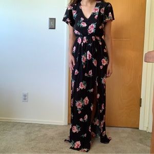 Three Pink Hearts Black Floral Maxi Dress
